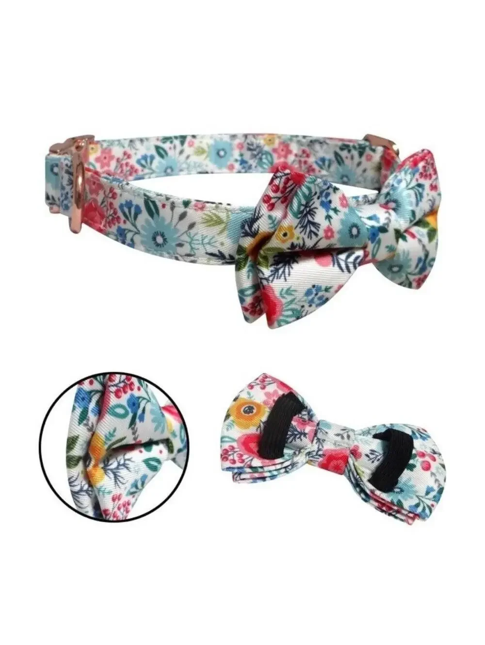 Dog Bow Tie Pet Collar, Blue Floral Metal Buckle Dog Collar, Adjustable Medium
